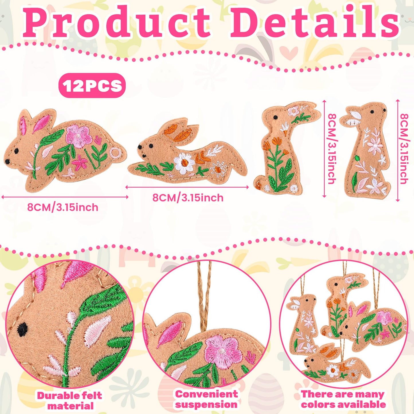 HunnmingRe 12 Pcs Easter Bunny Ornaments Felt Embroidery Easter Hanging Tree Ornaments Handcrafted Bunny Rabbit Spring Tree Decorations for Spring Party Door Home Wall Mantel Decor Arts Crafts Gifts