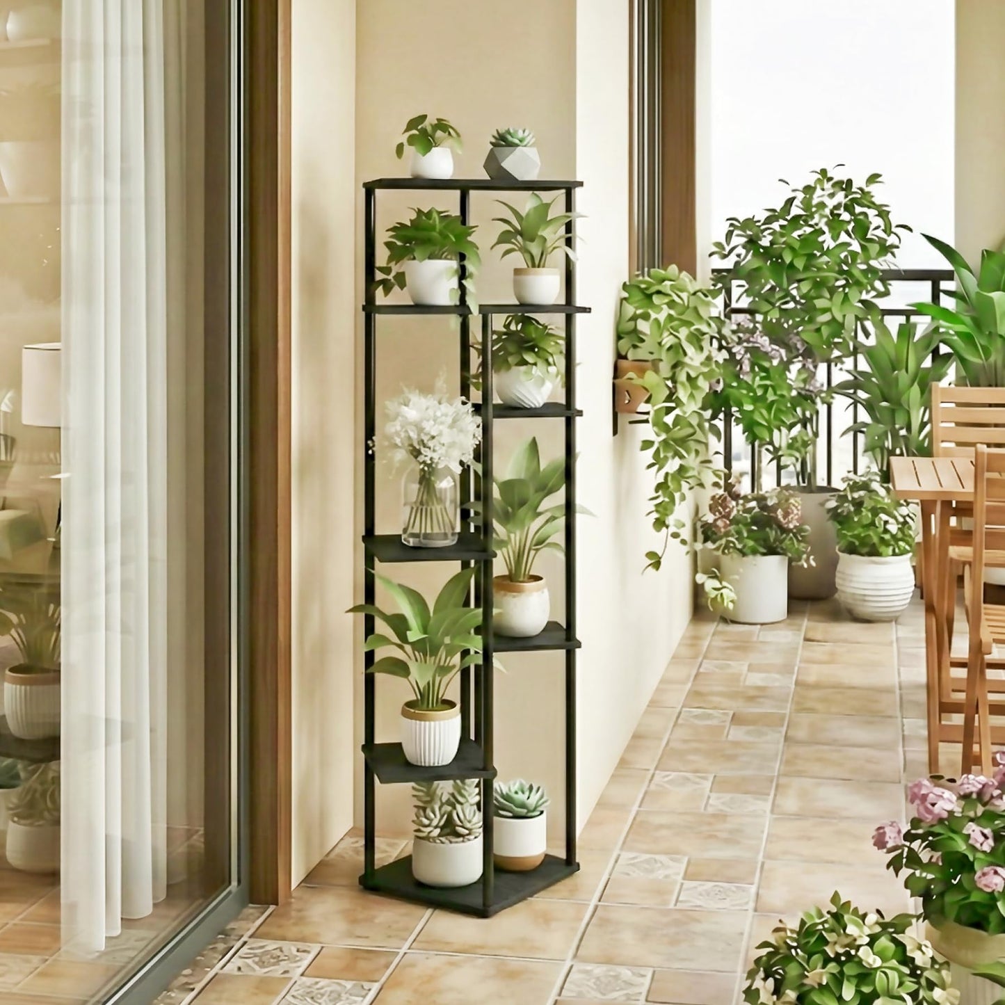 JEPRECO Tall Plant Stand Indoor 7-Tier Metal Wood Plant Shelf for Multiple Flower Pots Corner Flower Holders for Living Room Balcony Bedroom, Black