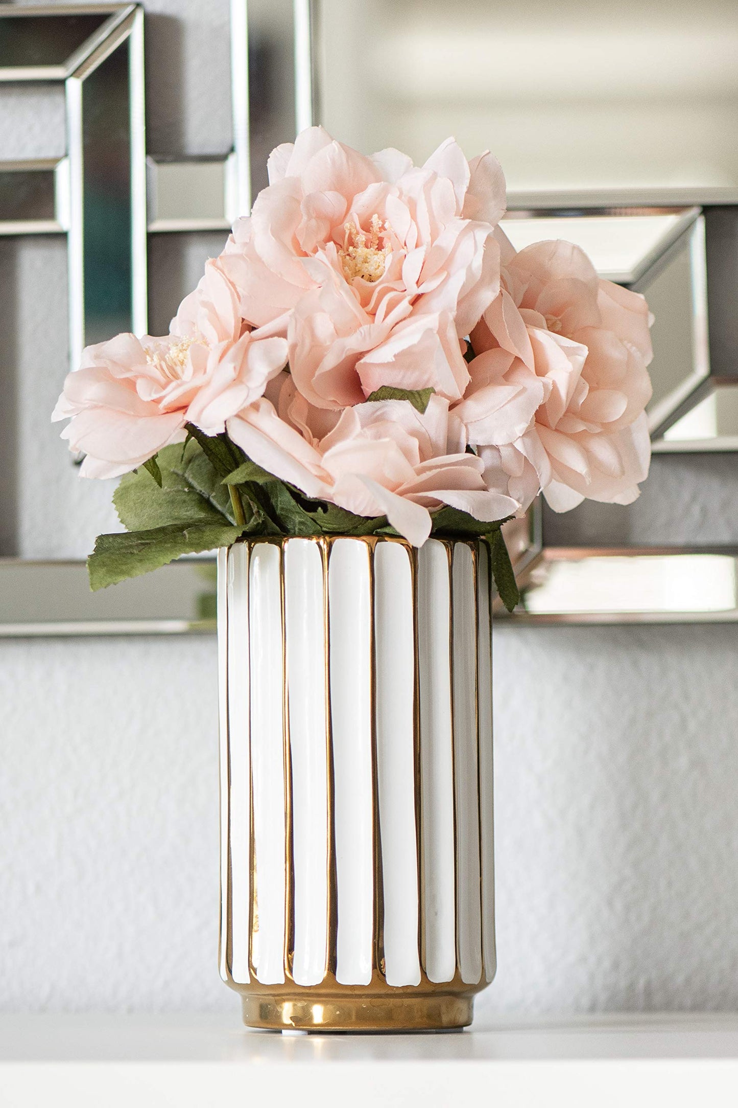 jupriverco White & Gold Vase-Elegant Home Decor-Flower Vase-Kitchen Centerpiece-Geometric Ridges-Beveled Bottom-Modern/Contemporary Design - Wedding Table Accent - Boho Pottery - Gold- H-8.27" D-4.74"
