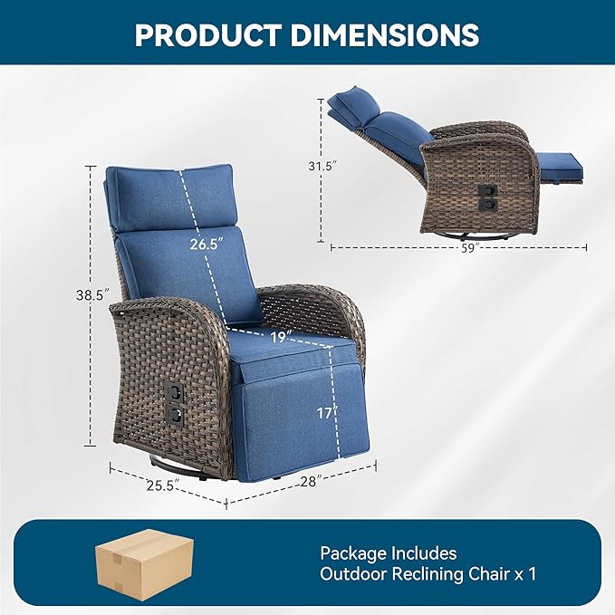 Zero Gravity Patio Swivel Rocking Recliner Chair - Wicker Outdoor Lounge Chair with Adjustable Backrest & Footrest, All Weather Reclining Rocker Chairs with Thick Cushion for Pool Deck Blue