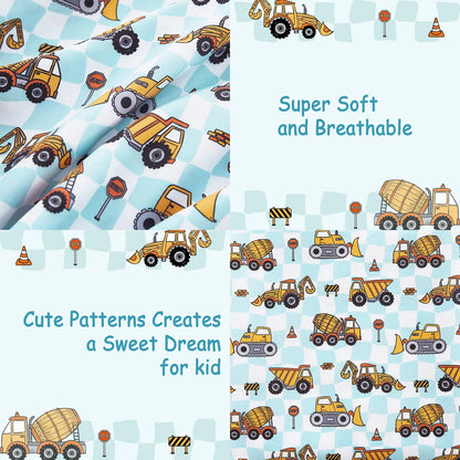 lasoftan Kids Sheet Set Twin Size, Twin Sheet Set with Grid Excavator Pattern，Breathable Silky Soft Microfiber Kids Fitted Sheet