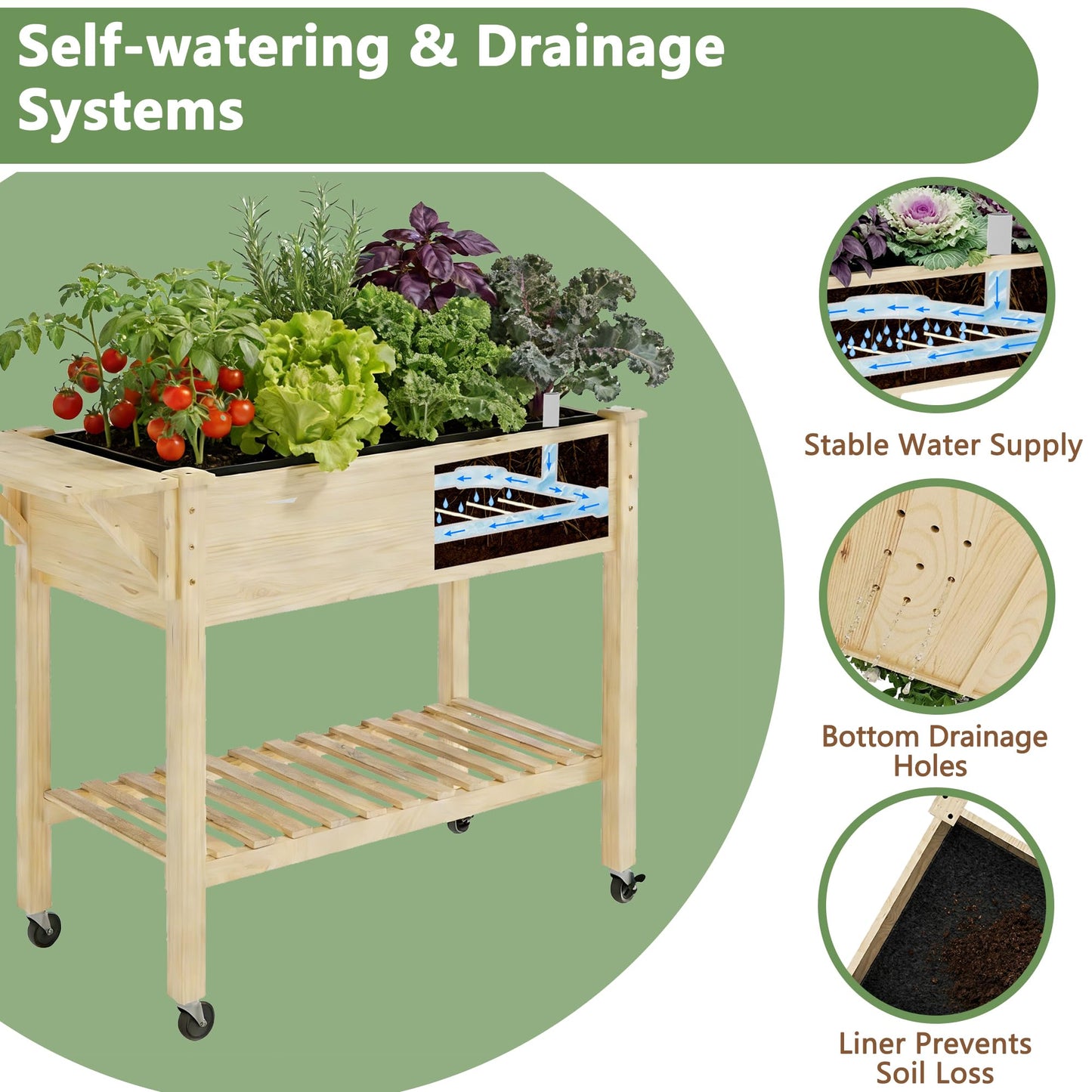 Cakhdry Raised Garden Bed with Legs and Wheels, Self-Watering System, 34x18x30in Elevated Planter Box with Storage Shelf & Liner for Flowers Vegetables Herbs, Raised Bed for Outdoor/Balcony/Patio
