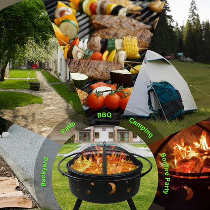 Quilushey 32 Inch Fire Pit Outdoor Fireplace, 2 in 1 Metal Round Firepit for Outside Bonfire Party, BBQ, Camping, Backyard, Patio, Garden, Picnic w/Fire Poker, Spark Screen, Grate, Cover (Moon&Star)