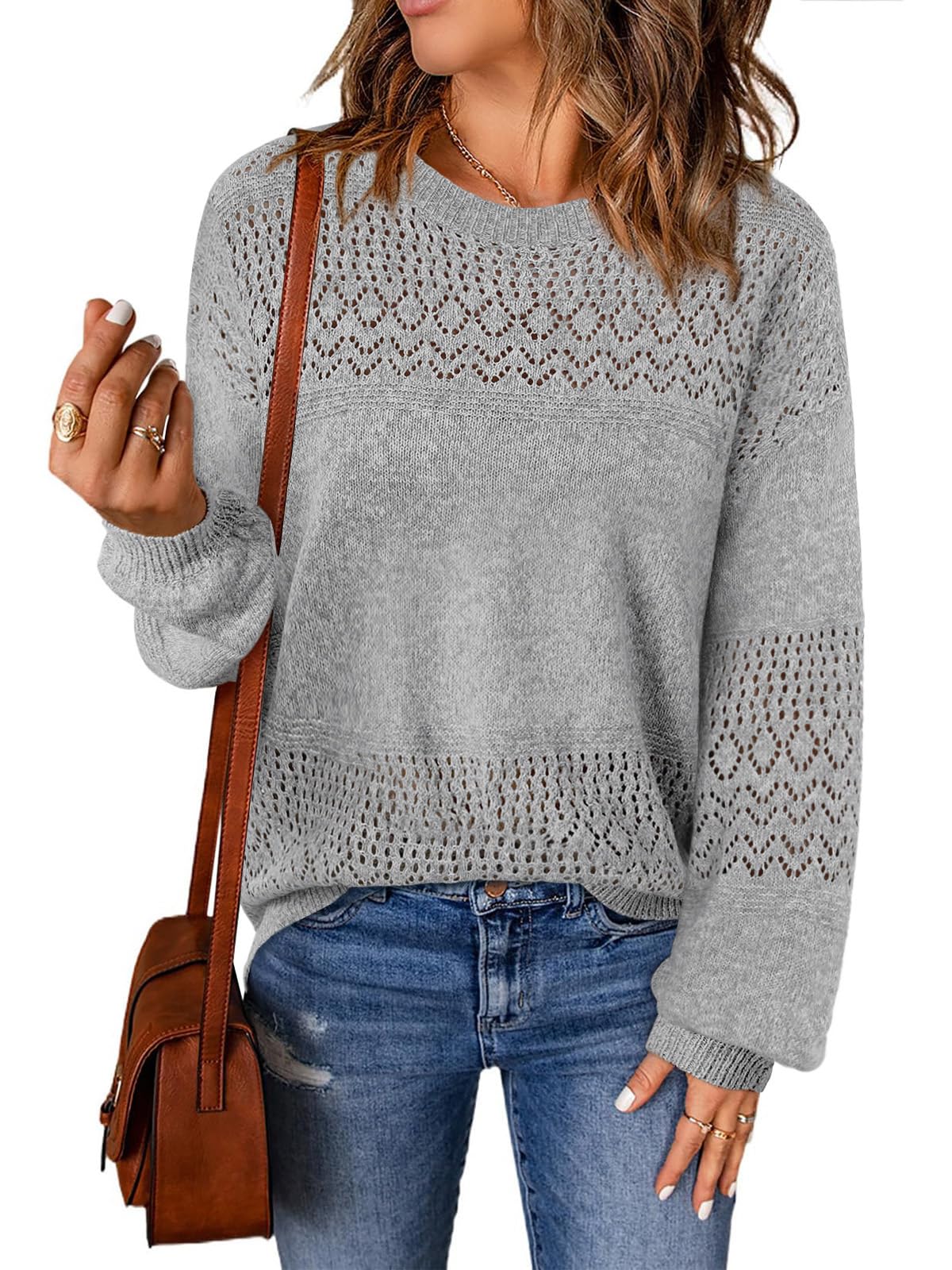 Lylinan Womens Sweaters Casual Boho Long Sleeve Shirts Crewneck Lightweight Crochet Tops Pullover Knit Sweater