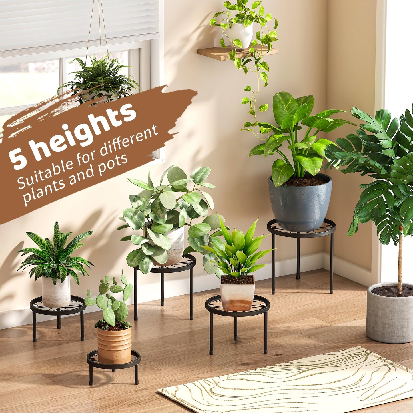 Plant Stand Indoor Outdoor 5 Pack Heavy Duty Metal Stand Multiple Plants, Anti-Rust Iron Flower Pot Stand Decoration Racks Plant Pot Shelf for Living Room Garden Balcony (Black)