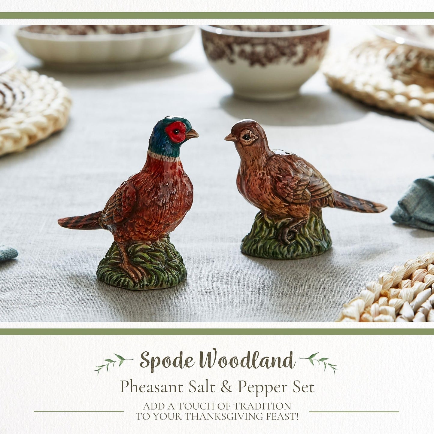 Spode 3.5" Pheasant-Shaped Salt and Pepper Shakers - Dolomite Ceramic Farmhouse Décor for Formal Dining, Decorative Salt & Pepper Set with Easy Refill Bottom Stoppers, Ideal for Thanksgiving Table