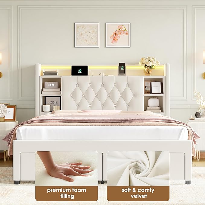 Queen Bed Frame with Drawers, Hidden-Cubby & Shelves Storage Headboard with