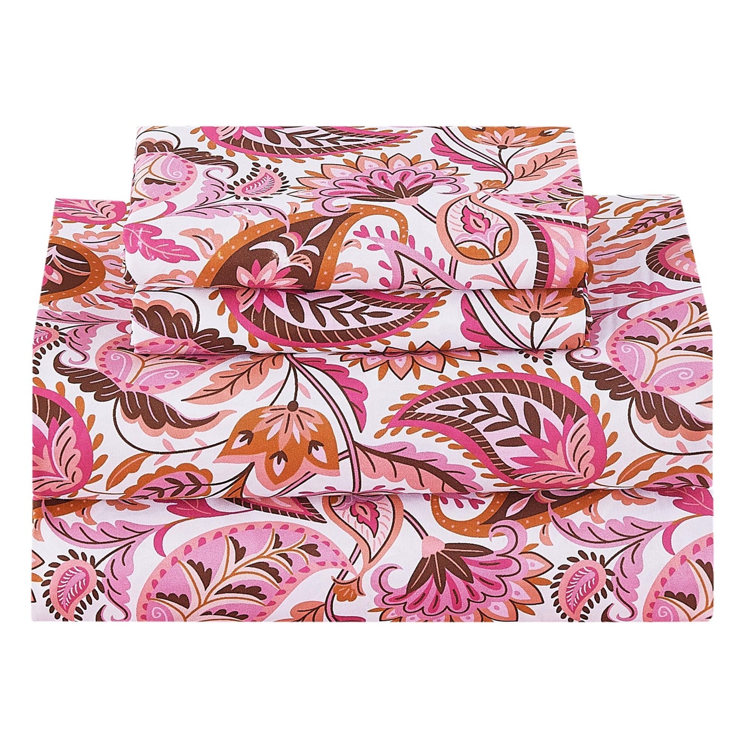 Softan Pink Paisley Floral Twin Sheet Set, 3-Piece Cozy Boho Microfiber Printed Fitted Bed Sheet with 15" Deep Pockets & Non-Slip Straps, Kids Girls Patterned Sheets & Pillowcase Set