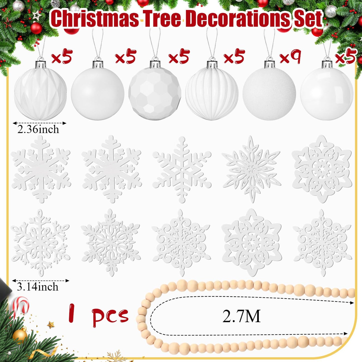 Aoriher 45 Pcs Christmas Tree Ornament Set,34pcs Christmas Ball Ornaments with Xmas Wooden Bead Garland Snowflake Ornaments for Xmas Tree Holiday Wedding Party Wreath Home Decoration(White)