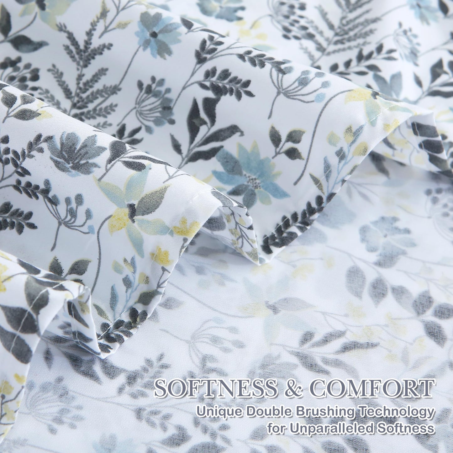 Mooreeke Cozy Vintage Microfiber Printed Twin Sheet Set - Soft Breathable Floral Bed Sheets with Deep Pocket - Non-Slip Fitted Design - Yellow Blue Gray Gradient Flowers Pattern