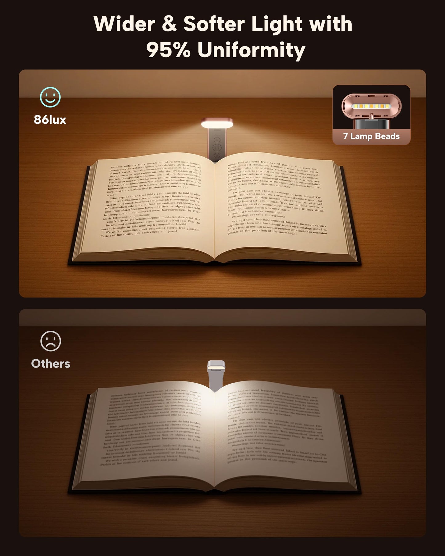 86lux Book Light, Reading Light for Book in Bed, USB Rechargeable LED Night Light with 3 Colors & Stepless Dimming, Aluminum Alloy Bookmark Light for Book Lovers, Rose Gold