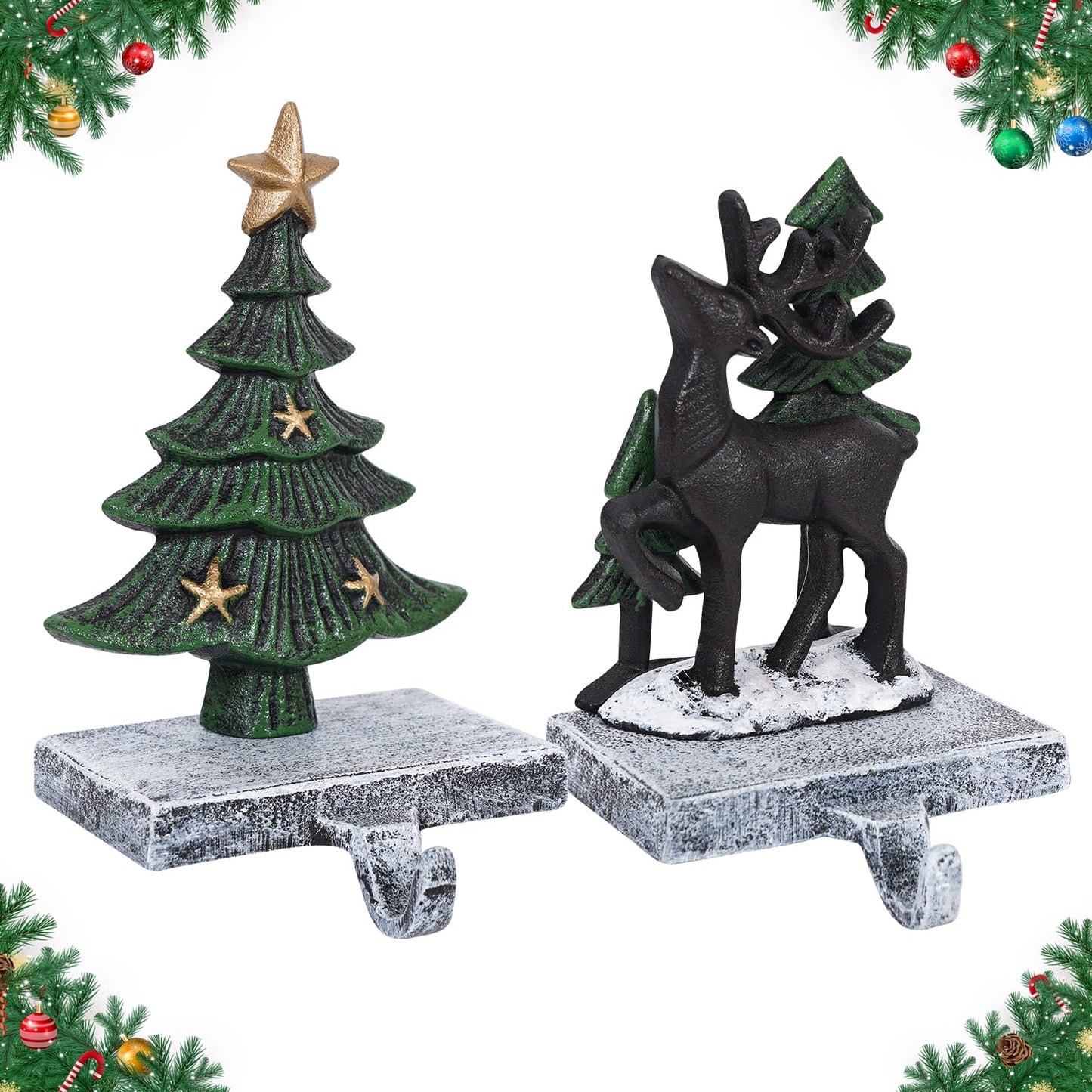 G GOOD GAIN Christmas Stocking Holders for Mantle - Set of 2 Heavy Duty Cast Iron Stocking Hangers with Non-Slip Base | Exquisite 3D Xmas Tree, Deer Mantel Hook for Fireplace Decoration Holiday Gifts