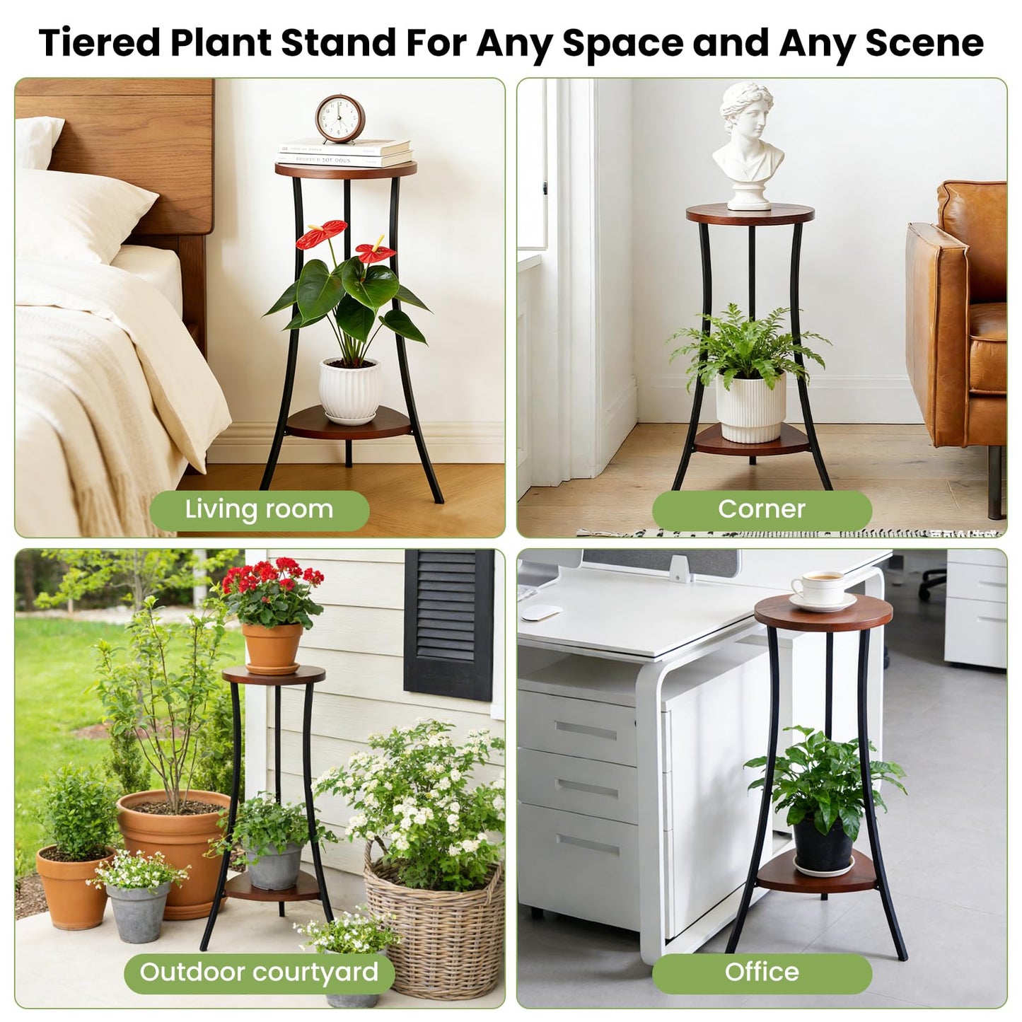 Yedcxup Tall Plant Stand Indoor, 2-Tier Wooden Corner Plant Shelf with Walnut Panel & Black Metal Frame, Easy Assembly No Misalignment, Waterproof for Indoor/Outdoor Use in Living Room, Balcony, Patio