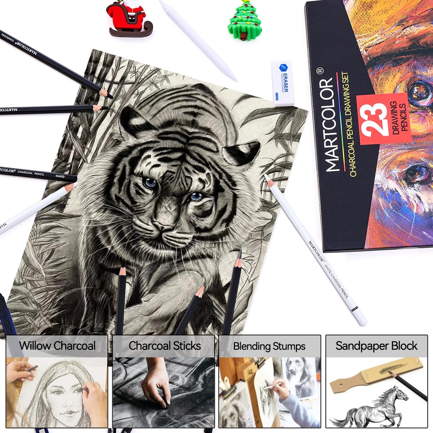MARTCOLOR Charcoal Drawing Set, Set of 23, Graphite Pencils, Black & White Charcoal Pencils for Drawing, Sketching, Shading, Blending, Artist Pencils for Beginners & Pro Artists ﻿