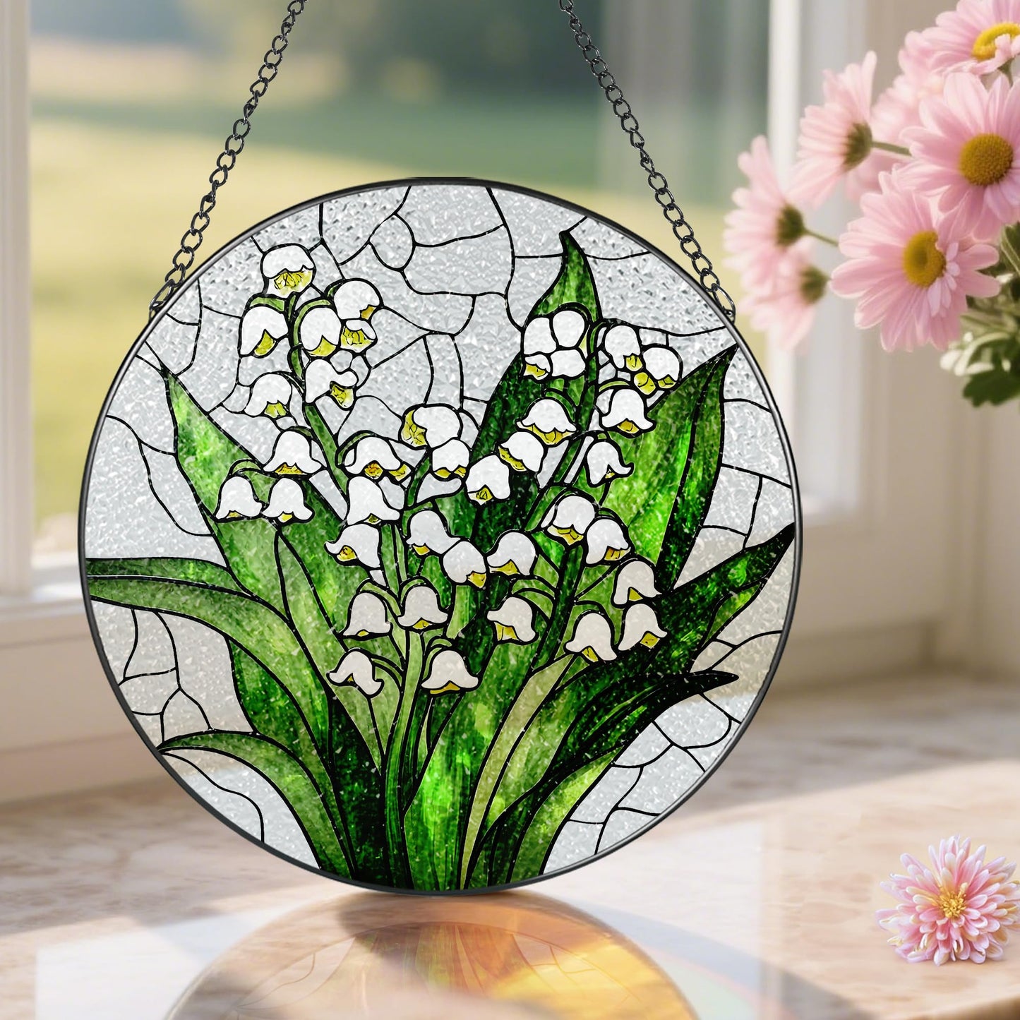 Lily of The Valley Flower Stained Glass Suncatcher, Stained Glass Window Hanging, 8 Inch Green Plants Suncatcher Decor, Gifts for Mother's Day, Mom Gift, Grandma Gift, Gifts Idea