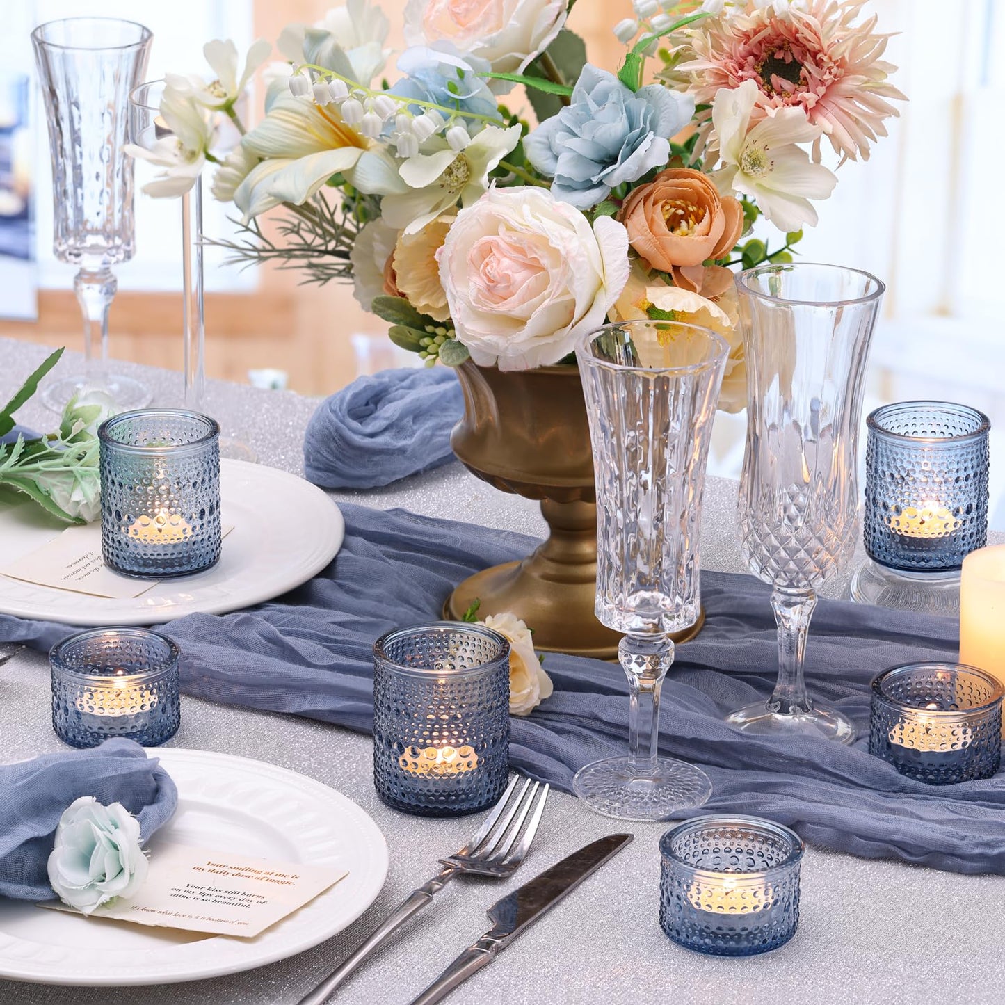 30 Pcs Blue Votive Candle Holders – Glass Candle Holders Bulk for Wedding Table Centerpiece, Something Blue Bridal Shower, Baby Shower, Summer & Everyday Home Decor
