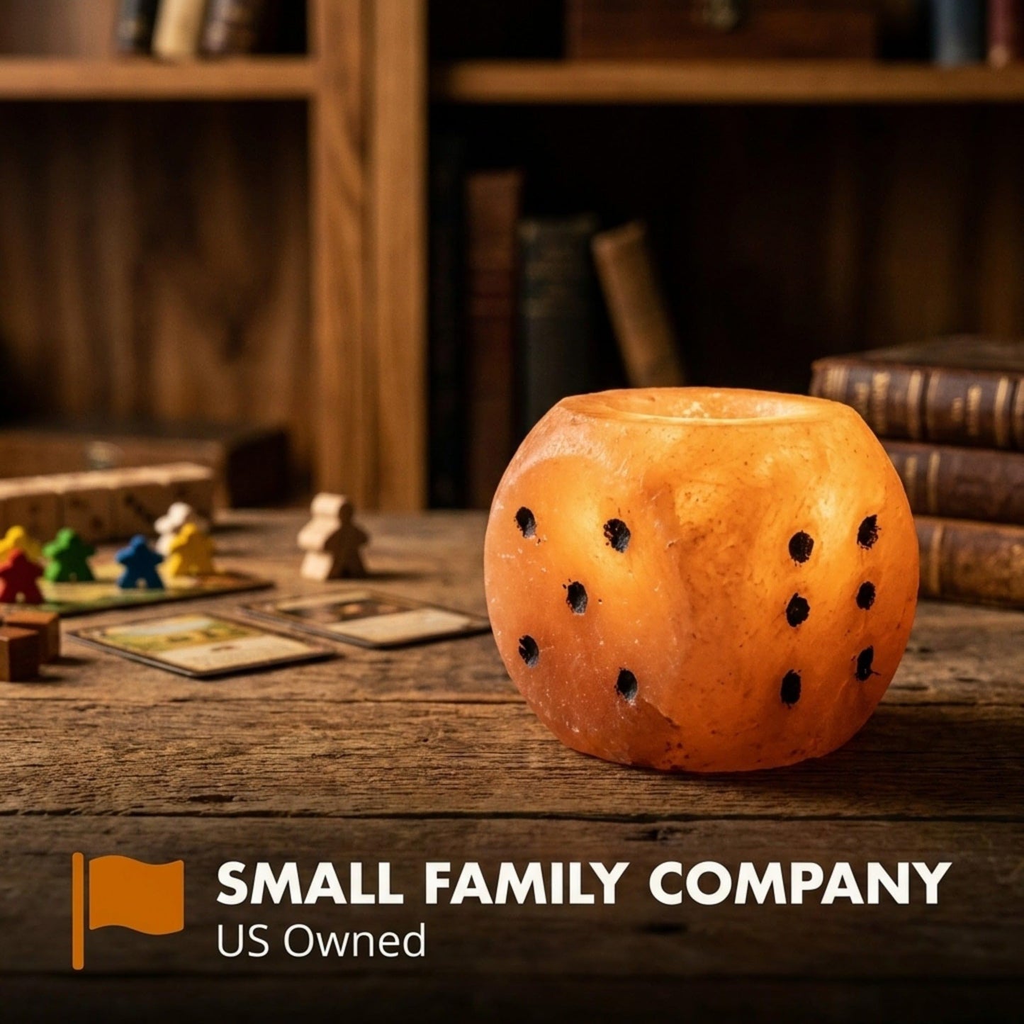 Himalayan Rock Salt Natural Crystal Game Dice Style Candleholder, Game Dice - Soft Calm Therapeutic Candle Light - Handcrafted Design Salt Crystal - Candleholder, Dark Orange Hue