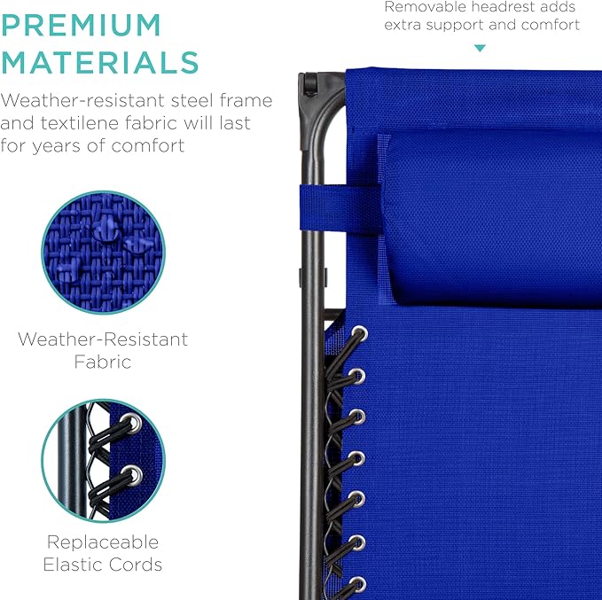 Best Choice Products Folding Zero Gravity Outdoor Recliner Patio Lounge Chair w/Adjustable Canopy Shade, Headrest, Side Accessory Tray, Textilene Mesh - Cobalt Blue