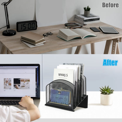 Delifox Inclined Desk File Organizer, 5-Section Vertical File Folder Holder Stand Metal Rack File Sorter for Office Classroom Desktop Organization (Black, 1Pack)