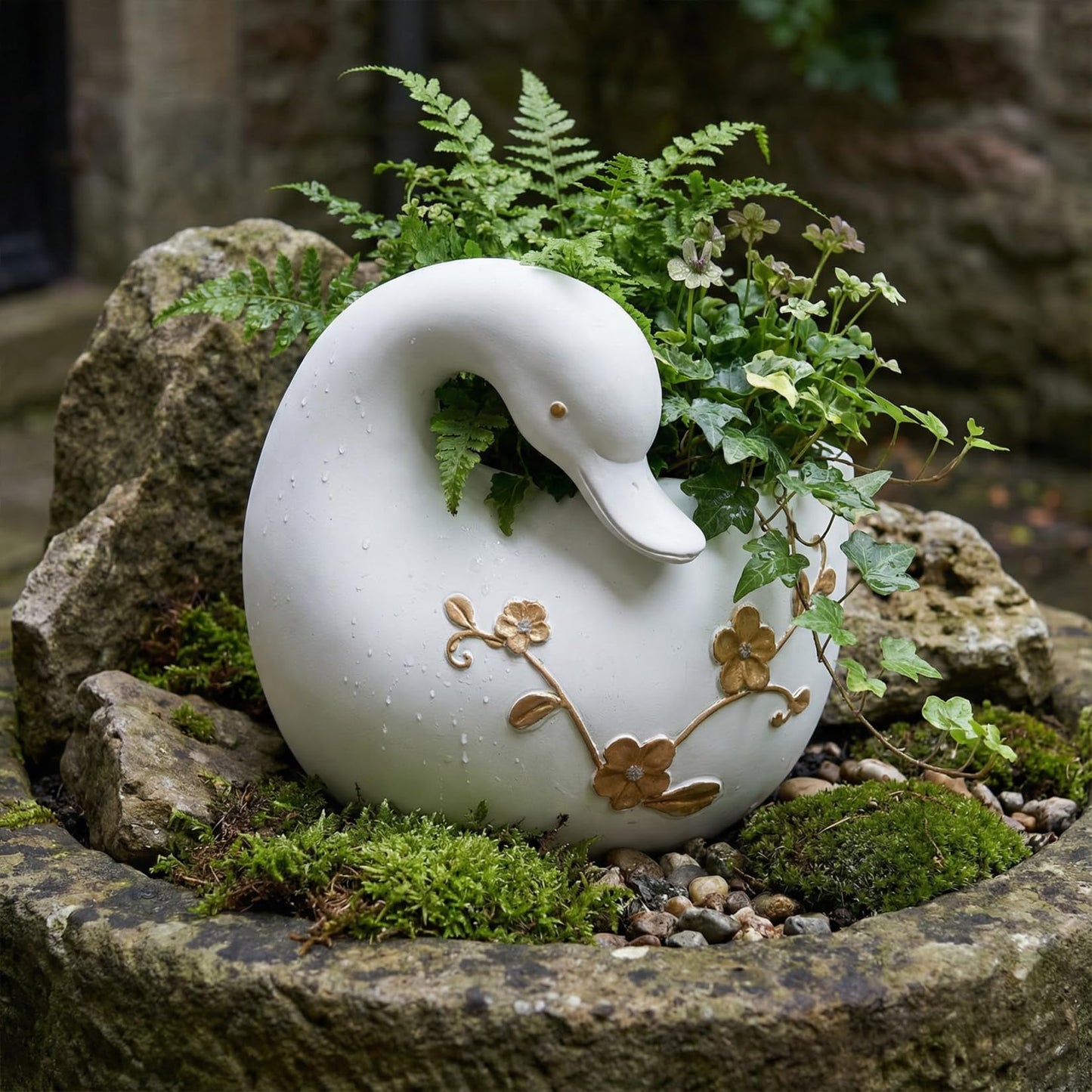 pandaxing White Goose Planter for Succulents Indoor Outdoor with Drainage Hole, Resin Animal-Shaped Flower Pot for Home & Garden Decor, Duck Plant Lover Gift