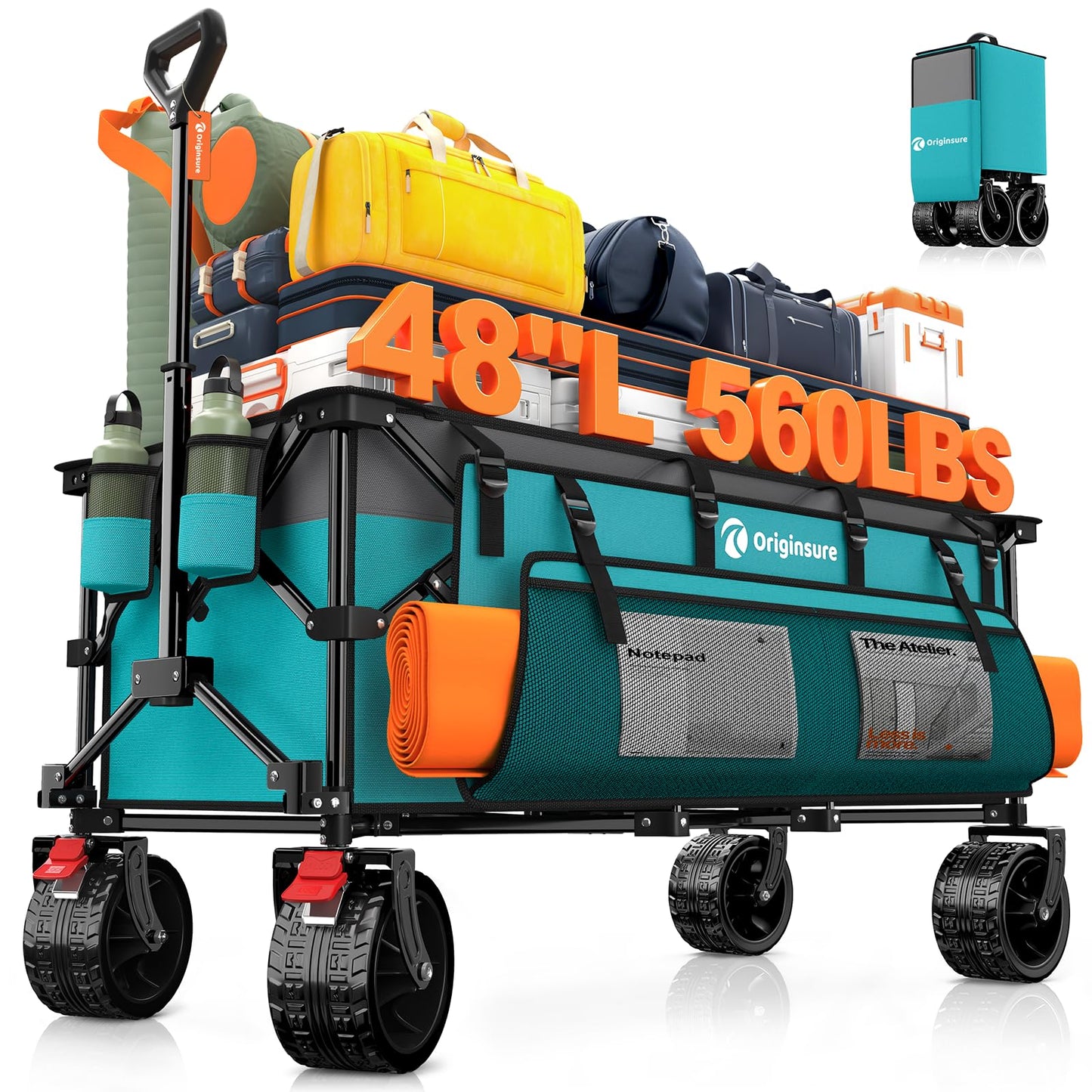 48" L Collapsible Beach Wagon Cart Foldable, 560LB Weight Capacity 300L Heavy Duty Folding Wagons with Big All-Terrain Wheels, Utility Carts for Groceries, Shopping, Camping, Sports - Grey&Turquoise