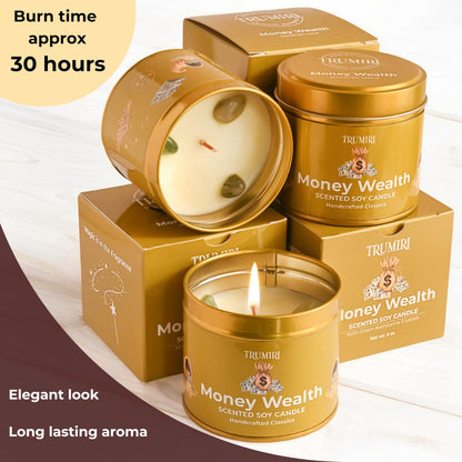 Money Wealth - Crystal Candles for Home Scented - Pack of 3 x 5oz Soy Wax Natural Clean Organic Non Toxic with Essential Oils - for Cash Luck Manifestation - Long Lasting Candel