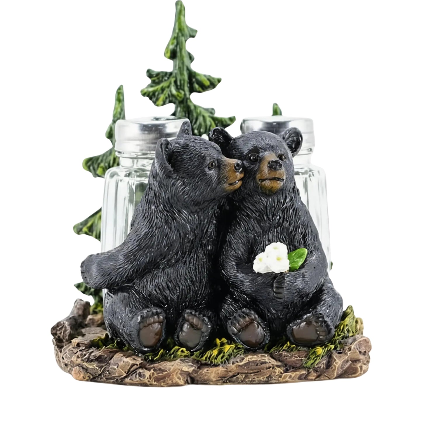 Comfy Hour 5" Black Bear Salt and Pepper Shaker Duo (Empty Bottle Set Included), Decorative Lover Bears beside Pine Tree Figurine Holder, Rustic Lodge Cabin Style Tabletop Decor, 1 Unit