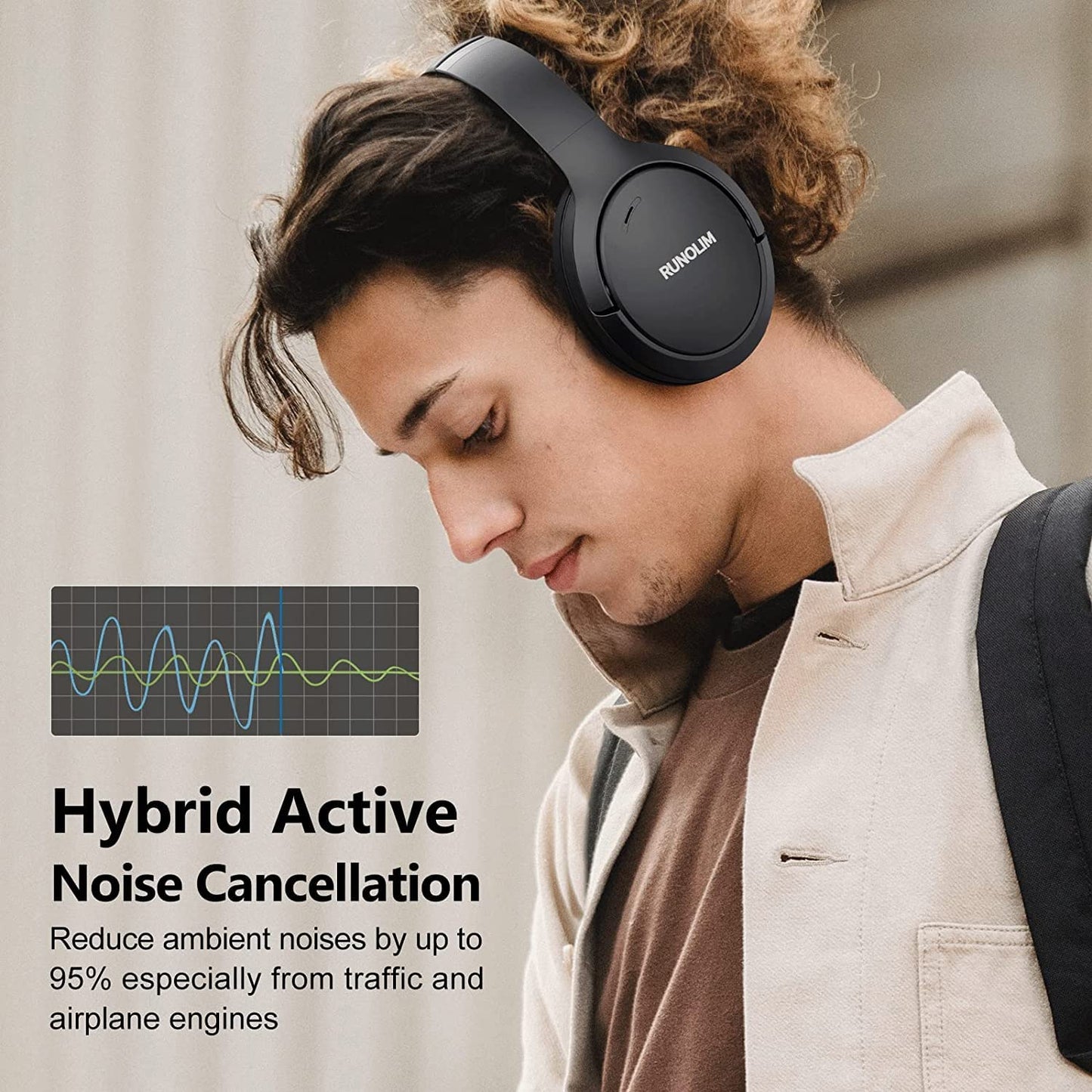 RUNOLIM Hybrid Active Noise Cancelling Headphones, Wireless Over Ear Bluetooth Headphones with Microphone, 70H Playtime, Foldable Headphone with HiFi Audio, Deep Bass for Home Travel Office