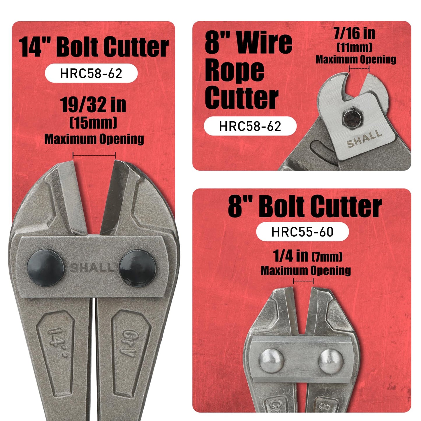 SHALL 3-Piece Bolt Cutters, 14" Heavy Duty Bolt Cutter, 8" Mini Bolt Cutter, 8" Wire Rope Cutter, Ergonomic Handle, More Efficient Leverage for Cutting Locks, Chains, Iron Wire, Carrying Case Included
