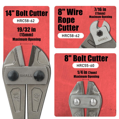 SHALL 3-Piece Bolt Cutters, 14" Heavy Duty Bolt Cutter, 8" Mini Bolt Cutter, 8" Wire Rope Cutter, Ergonomic Handle, More Efficient Leverage for Cutting Locks, Chains, Iron Wire, Carrying Case Included
