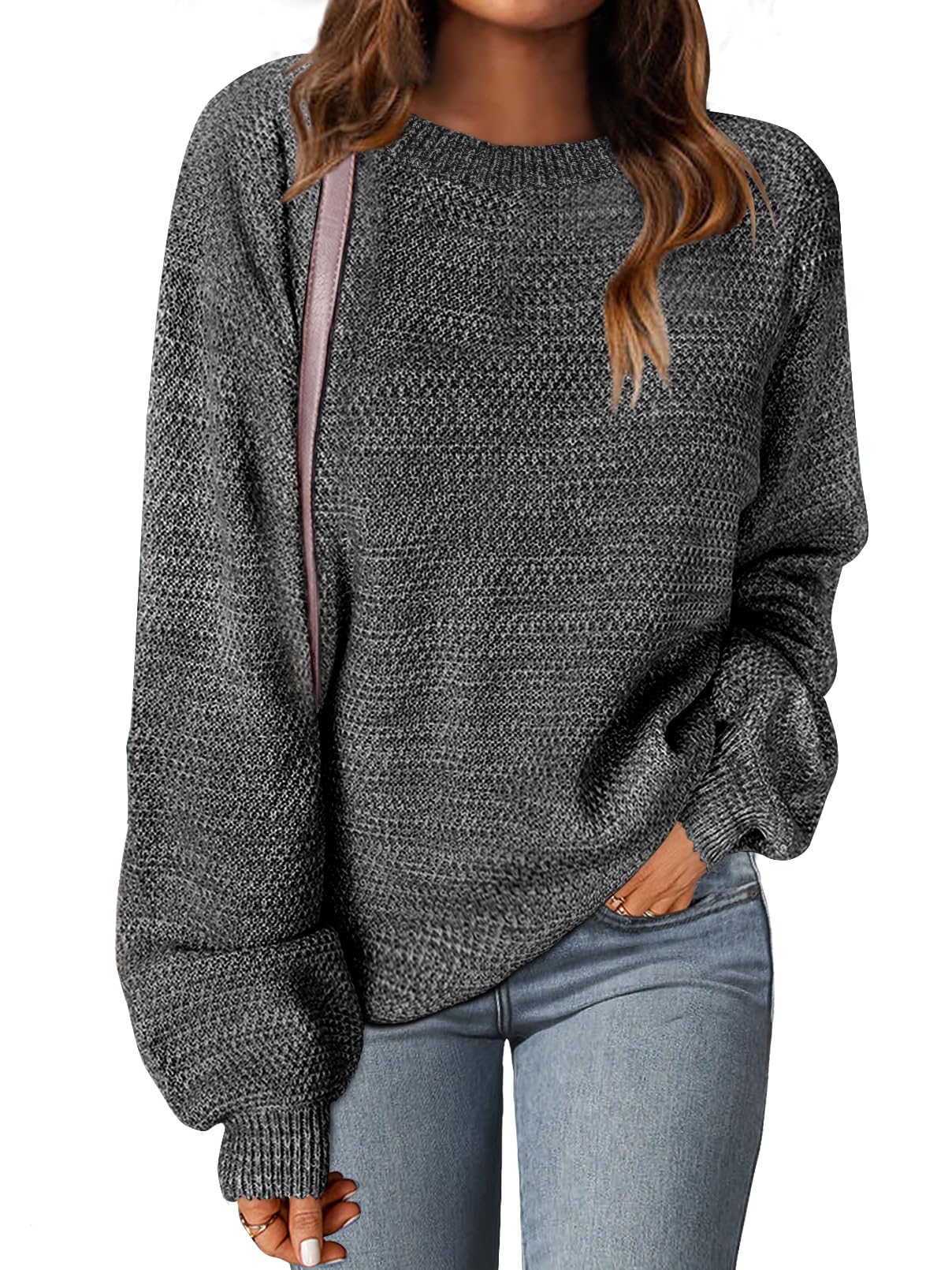 MEROKEETY Women's 2025 Fall Winter Oversized Pullover Sweater Trendy Crew Neck Long Sleeve Heathered Knit Jumper Tops