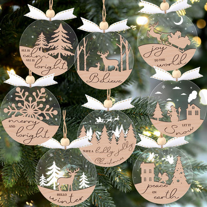 GuassLee 28pcs Winter Christmas Hanging Ornaments for Tree - 3D Wooden Acrylic Christmas Cutouts Reindeer Snowman Snowflake Ornaments for Xmas Tree Gifts Winter Party Supplies