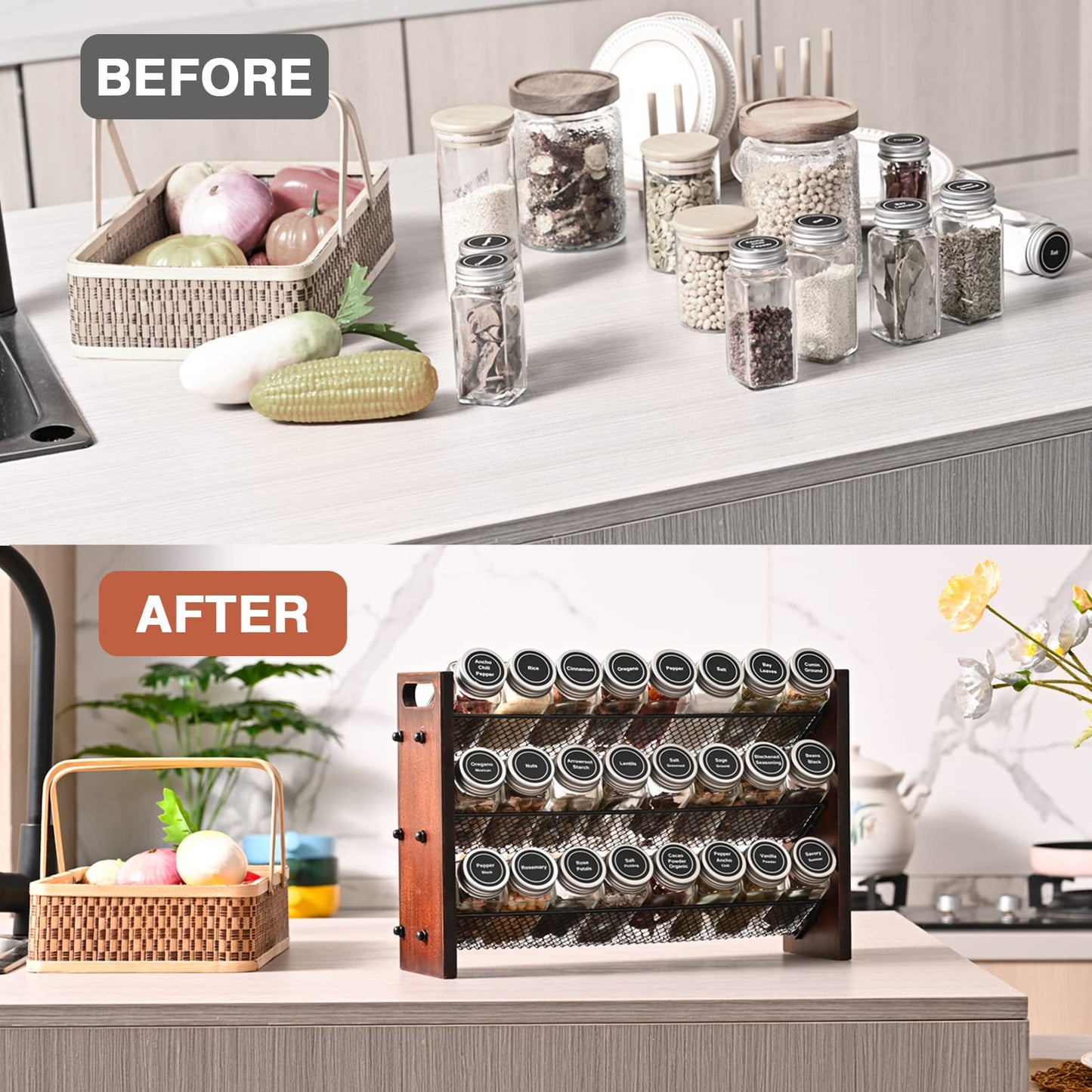 Roykoota Spice Rack, Spice Rack Organizer without Seasoning Jars, Wooden Rustic 3 Tier Kitchen Spice Organizer Shelf for Cabinet, Countertop or Wall Mount