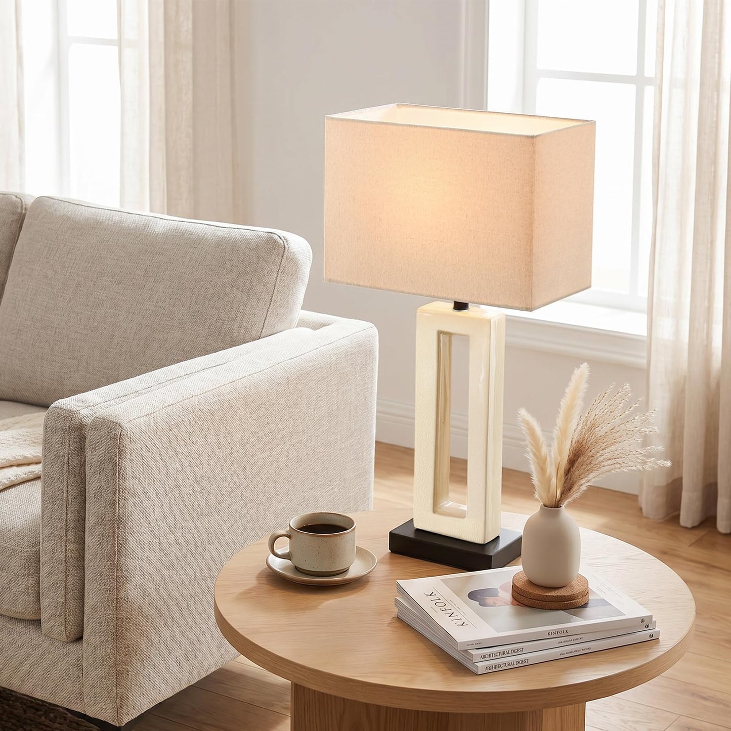 Vortether 22" Modern Ceramic Table Lamps Set of 2, Cream Crackle Glaze Hollow Bedside Lamps with Linen Shade, 5ft Cord Rotary Switch E26 Base Nightstand Lamps for Bedroom Living Room Entryway Decor