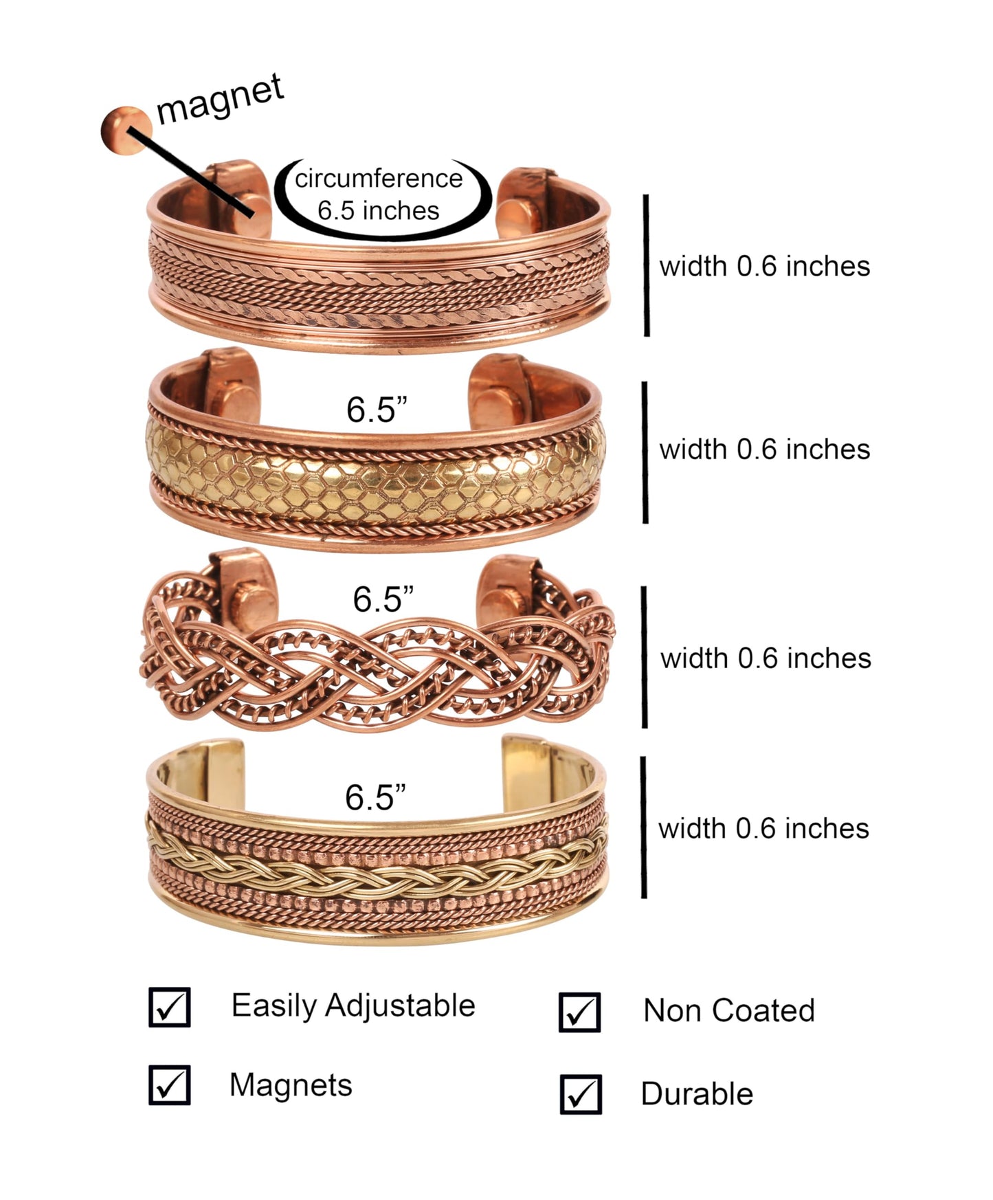 Touchstone copper bracelets | gift for men women |adjustable 100% pure solid real magnetic jewelry | handmade bracelet set combo | rope braided tibetan bangles. Set of 4 different designs