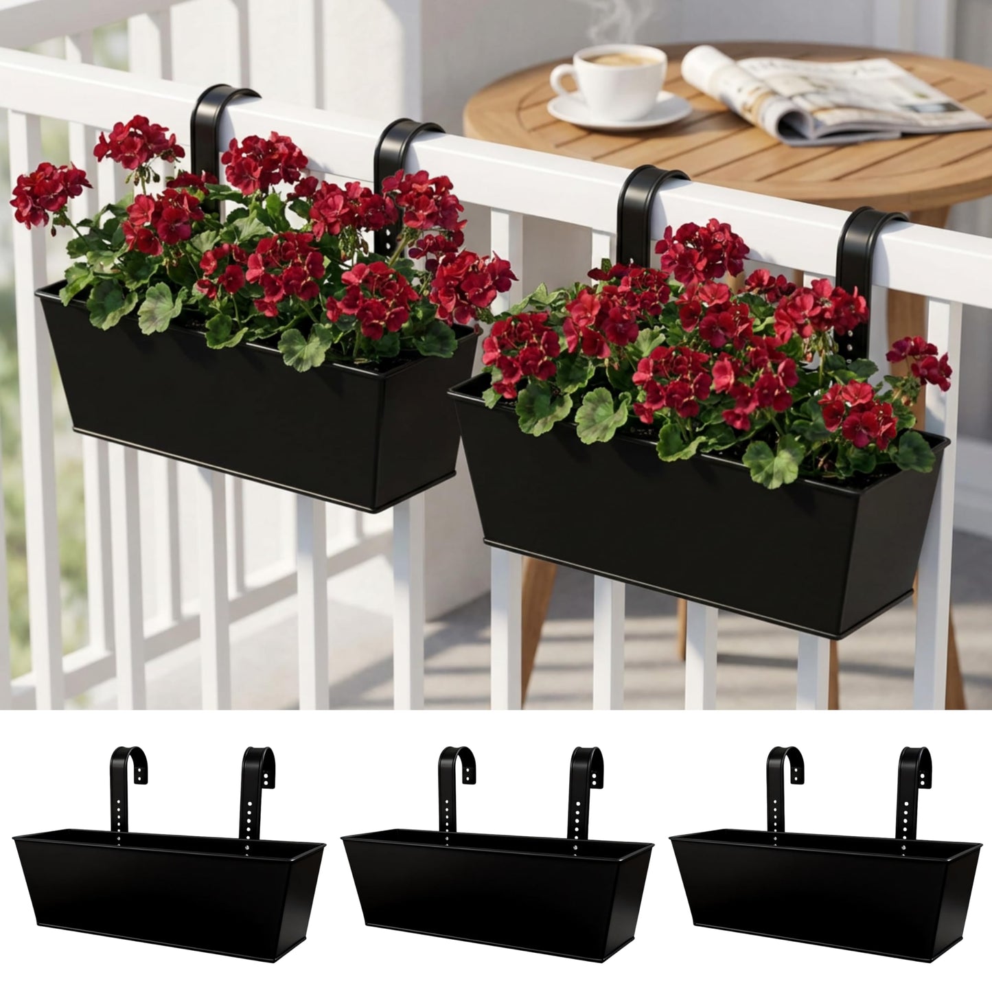 LaLaGreen Rail Planter (16 Inch, 3 Pack) Rectangular Metal Hanging Flower Iron Outdoor Deck Decoration Railing Fence Balcony Gardening for Apartment Patio Planters Modern Garden Style Porch Decor