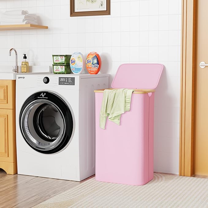 SUOCO Laundry Hamper with Lid, 29 Gal Clothes Basket with Bamboo Handles