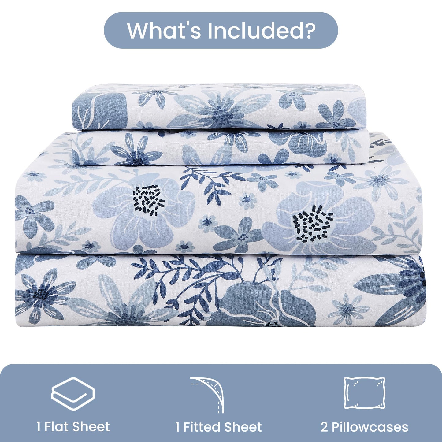 Mooreeke King Size Sheets Set - 4 Piece Soft Breathable Microfiber Bed Sheet Set - Blue & White Flower Pattern Sheet Set King - Deep Pocket Non-Slip Floral Fitted Sheet Included for All Season