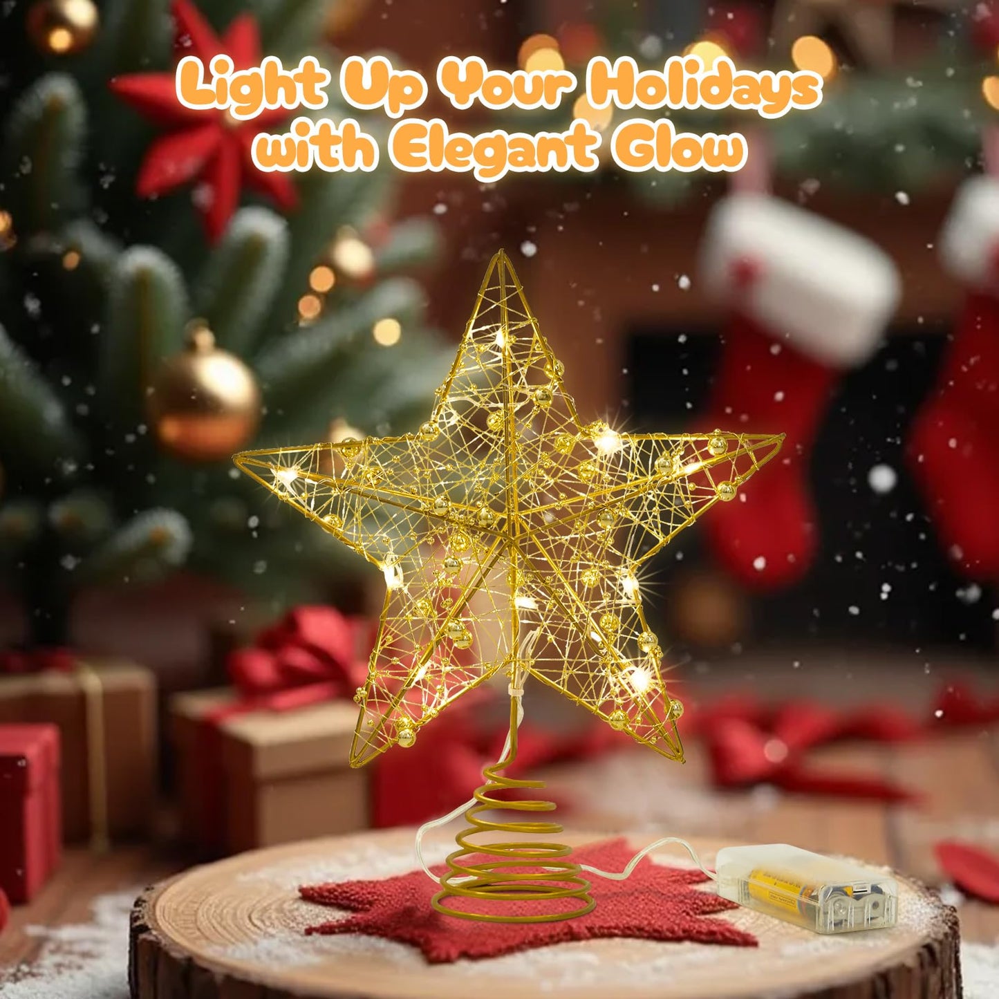Athoinsu Light up Christmas Tree Topper Star 10 Inch Gold Glitter Christmas Ornaments Decoration with Warm LED Lights, Xmas Tree Topper Ornament for Holiday Christmas Party Home Decor