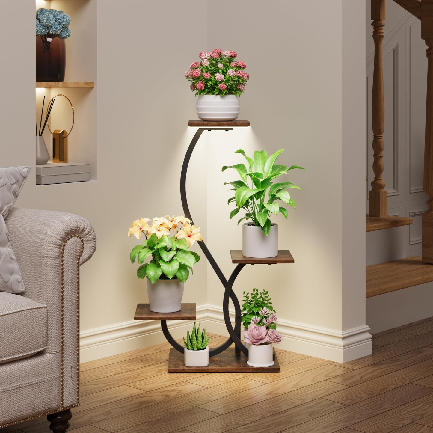 BACEKOLL Plant Stand Indoor with Grow Lights - S-Shaped Plant Shelf, Lighted Corner Plant Stands for Indoor Growing, 32" Metal Flower Holder, 4 Tiered Decorative Shelves for Home, Hallway, Black
