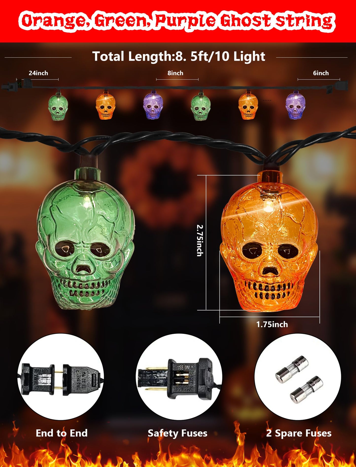 Halloween Skull String Lights Outdoor, 8.5Ft Ghost Head Lights with 10 LED Orange Green Purple Skull Head Lights, Hanging Halloween Decoration Skeleton Light for Patio, Porch, House, Party Decorations