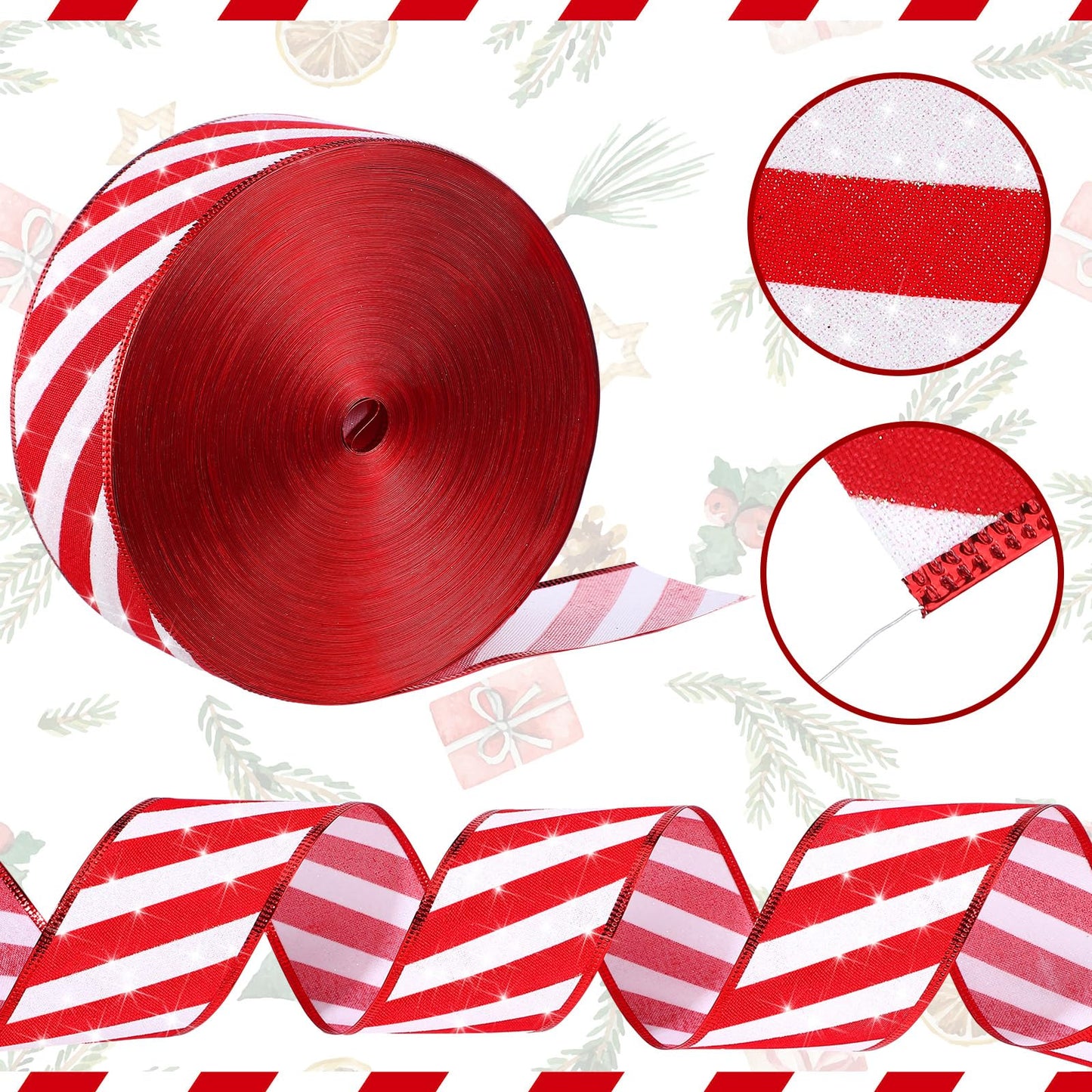 Waydress 2 Rolls Christmas Peppermint Stripe Ribbon Glitter Wired Candy Cane Fabric Wrapping DIY Craft Wide Ribbons for Christmas Tree Bow Wreath(2.5 Inch X 50 Yard)