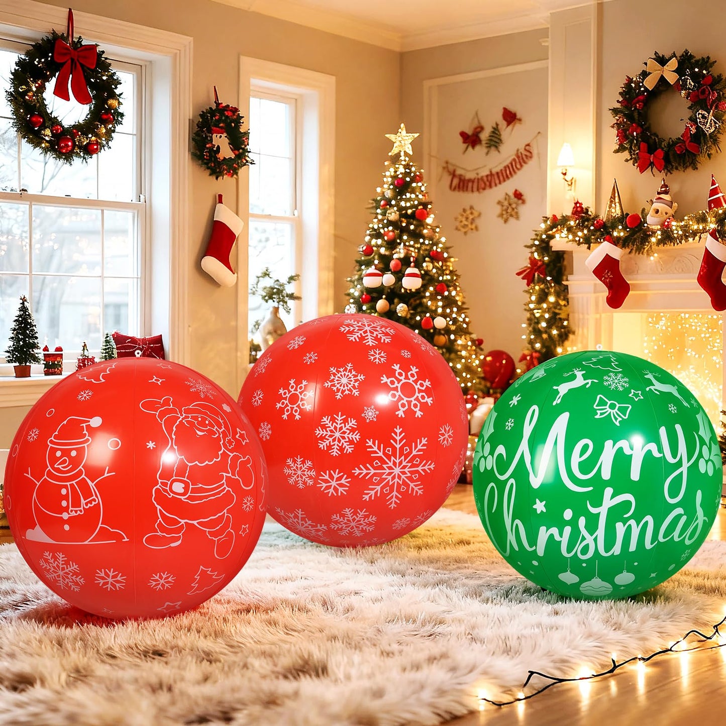 TaoQ C 3 PCS 32 Inch Christmas Inflatable Balloons PVC Large Christmas Inflatable Outdoor Balls for Xmas Garden Lawn Yard Holiday Front Door Decoration