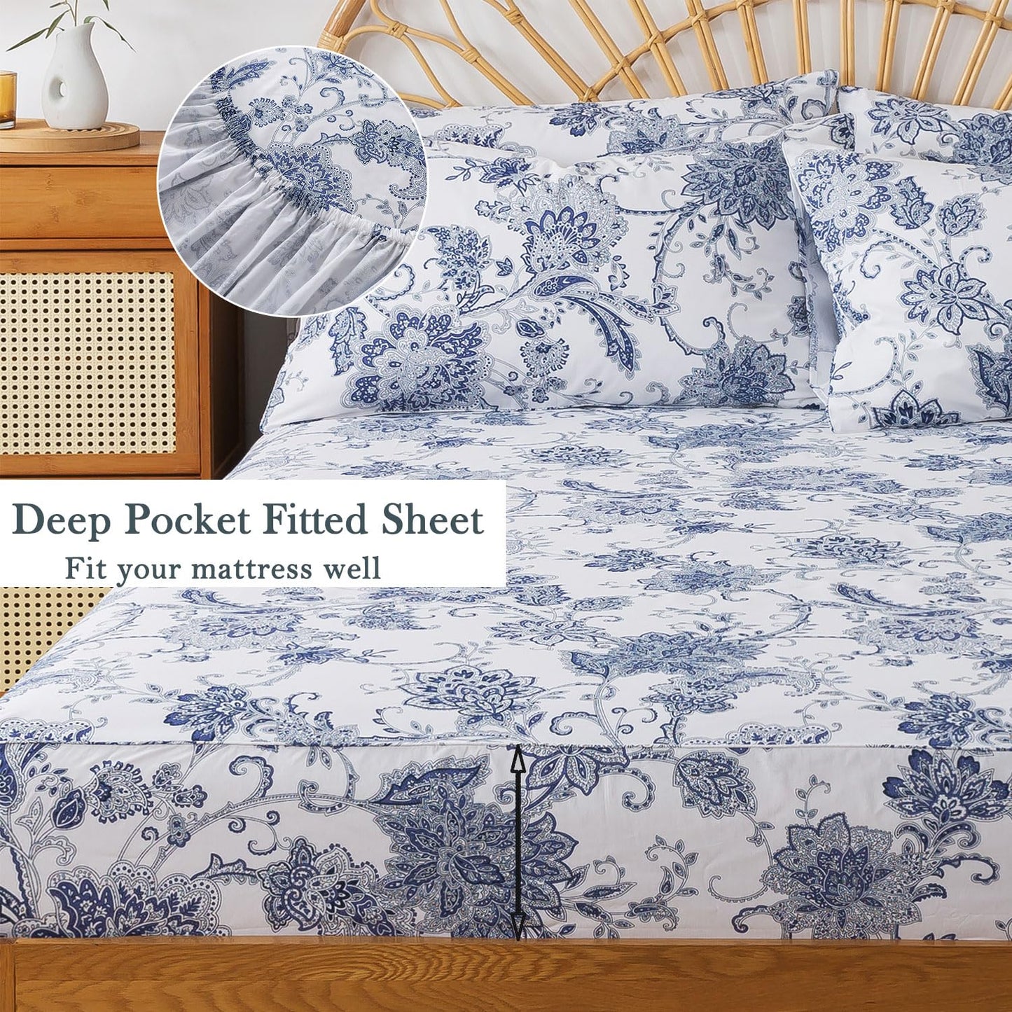 FADFAY Cal King Sheets Set Percale Cotton Floral Bed Sheets Deep Pocket Fitted Sheet, Luxury Blue Floral Pattern Classic European Style Bedding for All Season,Super Soft Crisp & Breathe,4Pcs