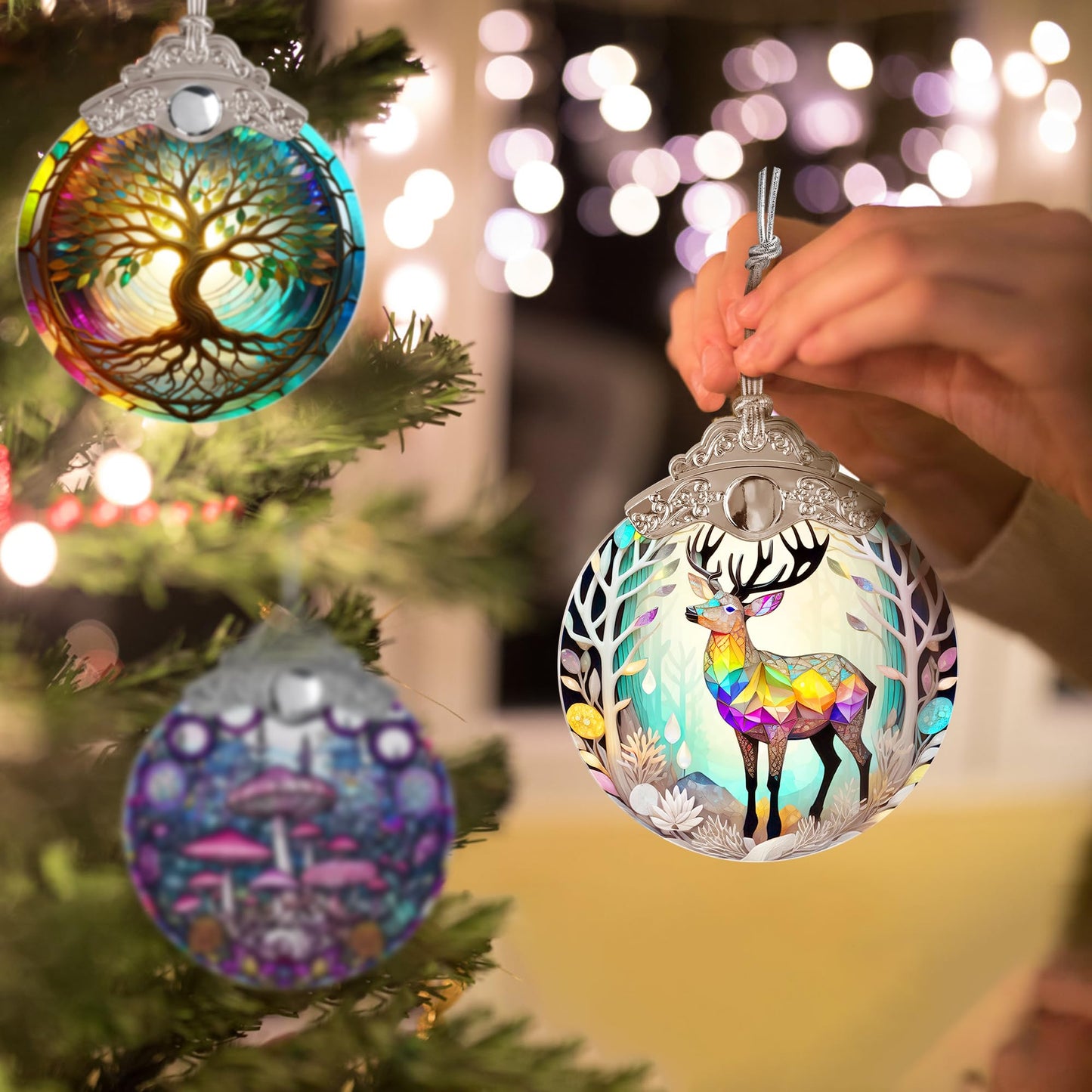 Jocidea Stained Glass Suncatcher, Deer Ornament for Christmas Tree, Holiday Home Decor and Gifts