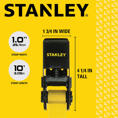 STANLEY S9500 Black/Yellow 1" x 10' Ratchet Straps - Light Cargo (300 lb Working Load / 900 lb Break Strength), 4 Pack