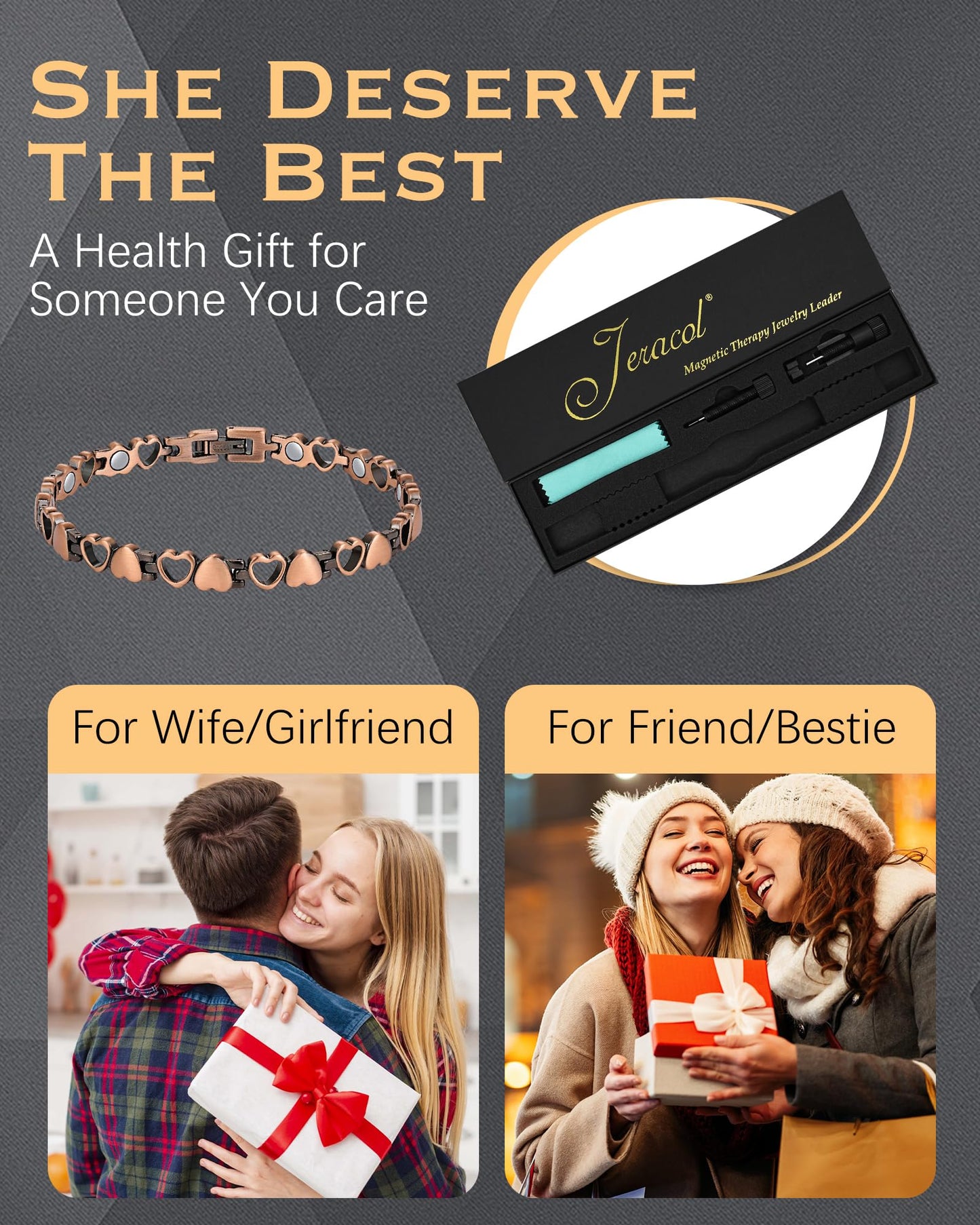 Jeracol Copper Magnetic Bracelets for Women,99.99% Solid Copper Women Wristband with Ultra Strength 3500 Guass Magnets,Adjustable Size Brazaletes with Remove Tool & Gift Box