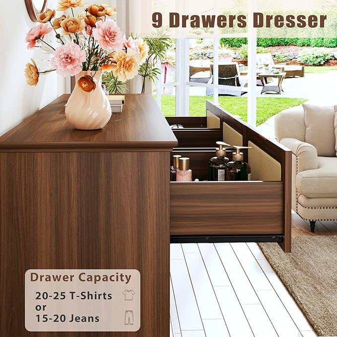 HUAHUU 9 Drawer Dresser for Bedroom, 60 Inch Long Dressers & Rattan Chest of