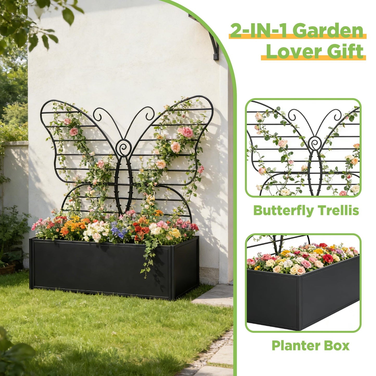 Zyphorinth Metal Planter Box with Trellis, Raised Garden Bed for Climbing Plants, Vegetables, Vines, Privacy Planters for Patio with Drainage Holes, Black- Butterfly-Shaped