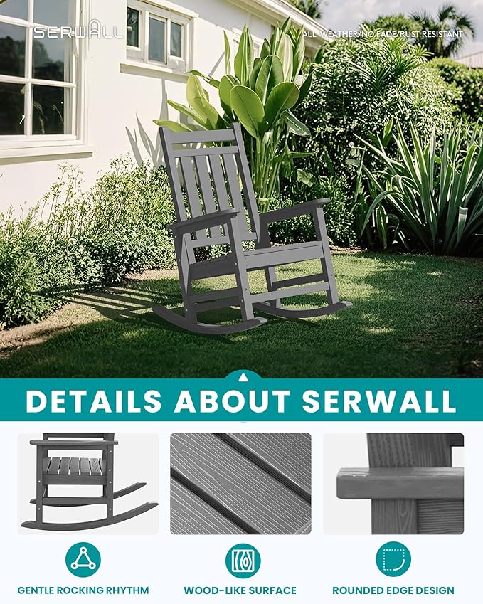 SERWALL Oversized Outdoor Rocking Chair Set of 2, HDPE Rocker for Adults, Patio Rocking Chairs for Porch, Grey